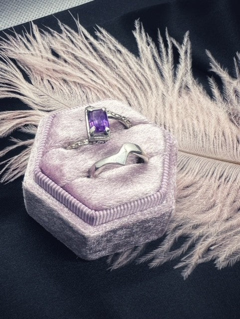 Bespoke engagement ring with purple stone and wedding band by The Indie Girl